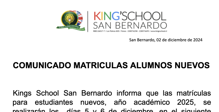 Comunicado Matrícula Alumnos nuevos.